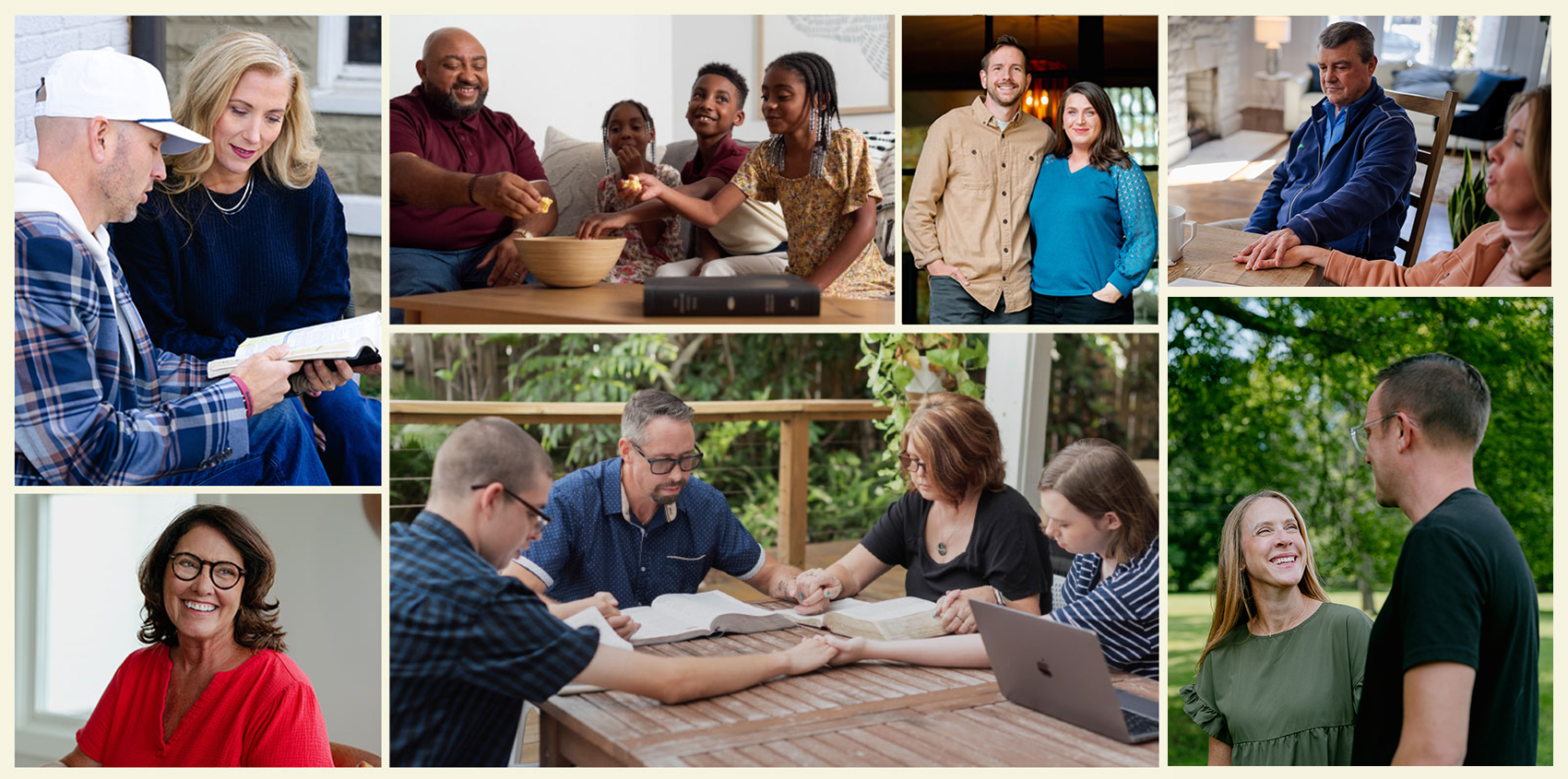 Collage of couples, families and friends praying, reading the Bible and spending time together
